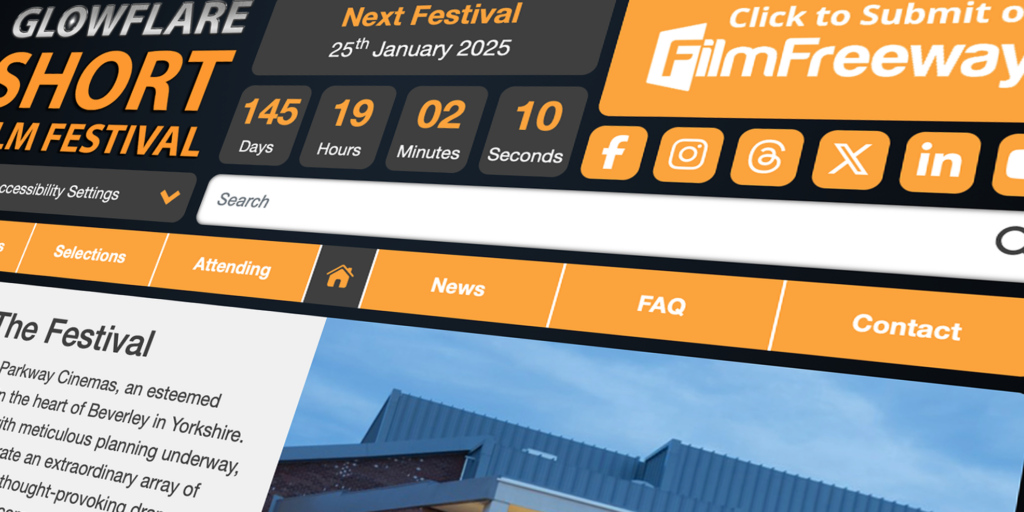 GlowFlare Short Film Festival website homepage with navigation menu and festival date.