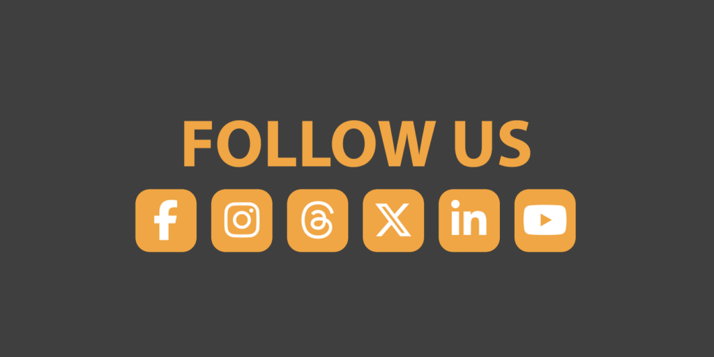 Follow us on social media icons for Facebook, Instagram, Threads, X (formerly Twitter), LinkedIn, and YouTube.